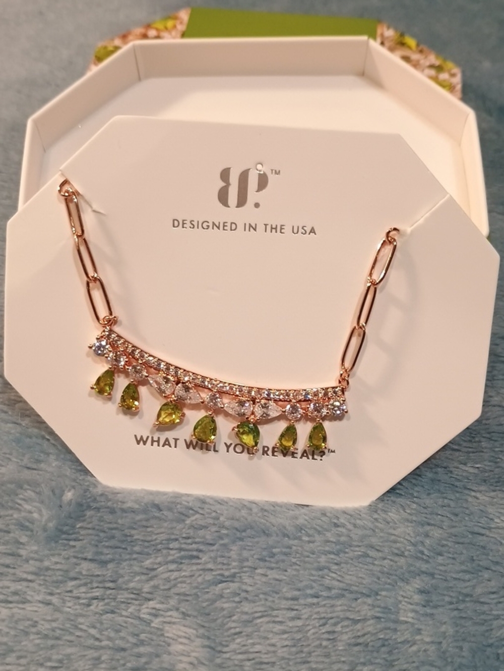 bp Rose Gold Necklace with Peridot Green Teardrop Drops